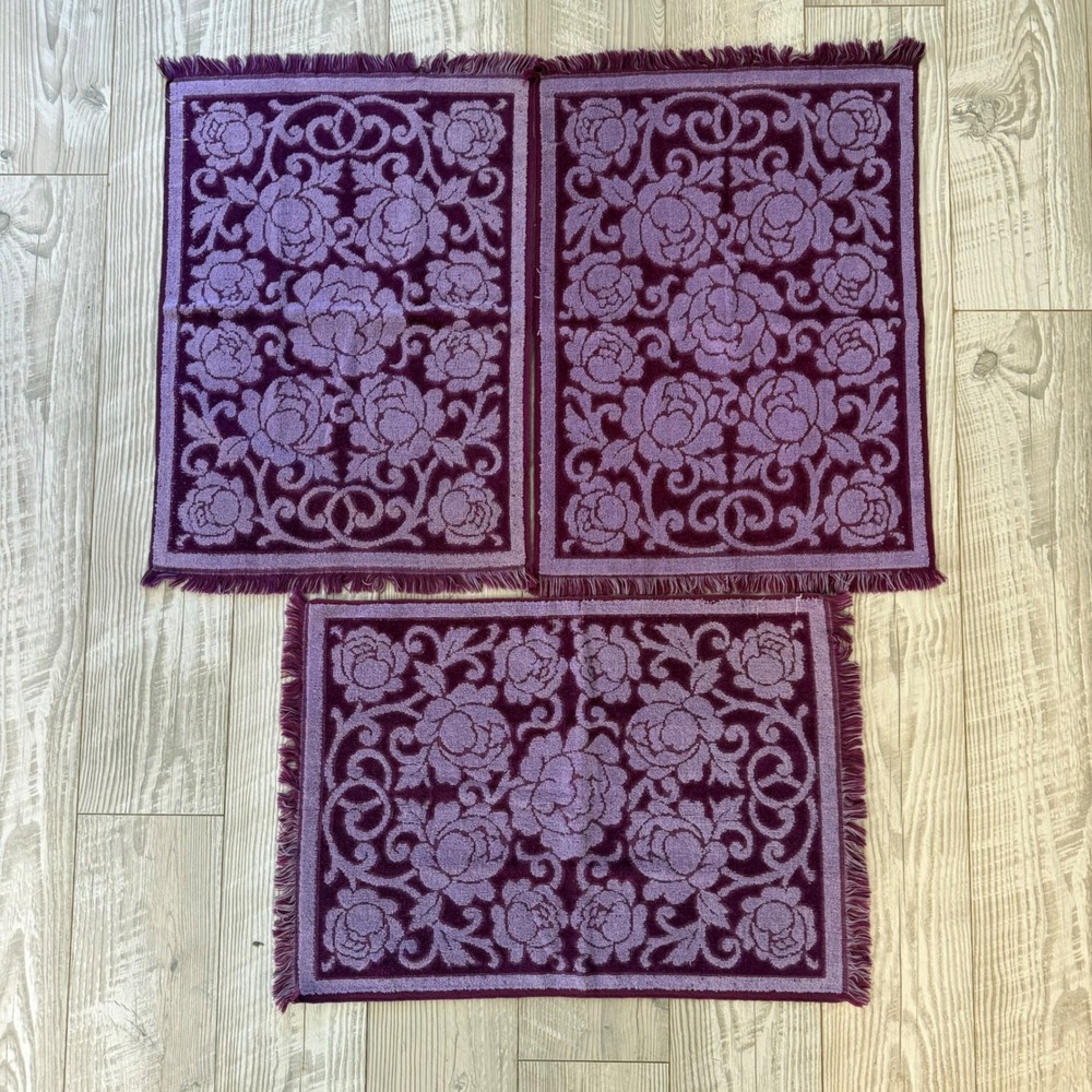 Vintage Fieldcrest Purple Floral Hand Towels Set of 3 Fringe Cotton Made in USA